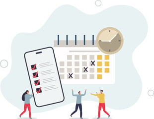 Cartoon tiny people schedule business tasks of month in calendar timetable.organize important appointment in organizer mobile app.flat design with people.