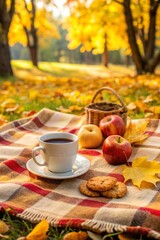 A cozy autumn picnic scene in the park. Cup of coffee, apple and cookies on picnic plaid on nature yellow leaves