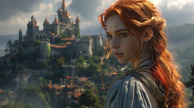 Red Haired Woman Looking at a Castle