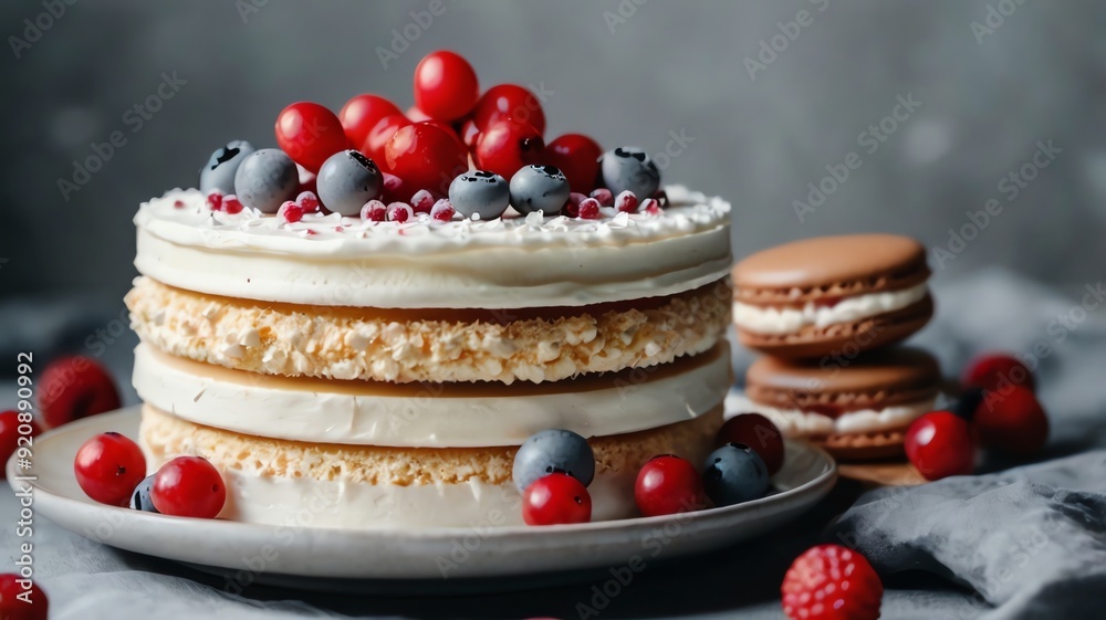 Wall mural A white cake with layers of frosting and red and blue berries