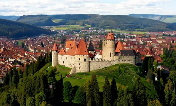 Aerial view of the castle Burg Hohenbaden in Germany beside Baden-Baden on a sunny morning in summer. Pan to the left with zoom out in  front of the castle.