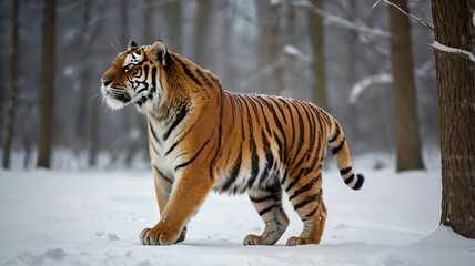 Obraz premium A large tiger walking through a snowy forest.