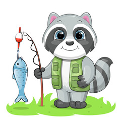 Cute cartoon raccoon holds a  fishing rod with fish. Vector illustration of animal isolated on white. © Olena