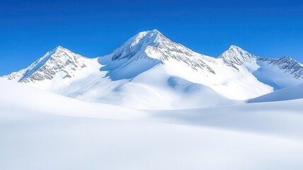 Snow-covered mountain landscape, peaks glistening in the sunlight, clear blue sky, untouched white snow, serene and majestic view, copy space for adventure and winter themes - Powered by Adobe