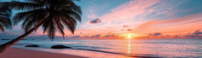 Stunning beach sunset, vibrant oranges and pinks reflecting on the water, silhouette of palm trees, serene and tropical atmosphere, copy space for vacation and relaxation themes