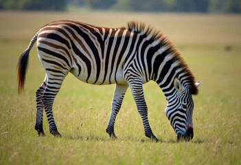 A beautiful zebra grazing in a grassy field.