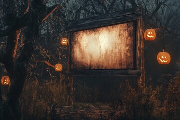 A spooky outdoor movie screen with flickering light and jack-o'-lanterns hanging in the trees.