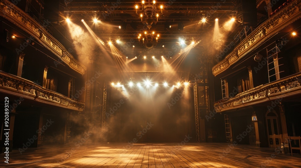Poster empty stage with spotlights and smoke in a theatrical setting