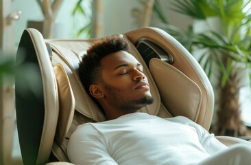 African american man relaxing in home massage chair for pain relief