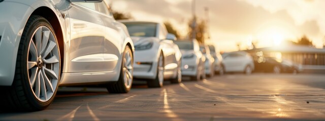  A line of white cars aligned beside the road, facing a sunset