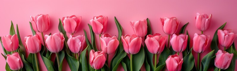 Naklejka premium Many pink tulips on a pink surface, Plant background, Banner, Copy space