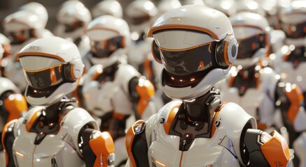 Fototapeta premium Group of artificial intelligence robots. group of cyborgs in factory