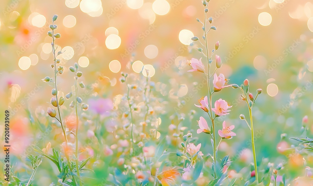 Poster background of blooming wildflowers in a meadow with vibrant colors and soft bokeh