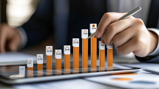 A businessman reviews a digital dashboard displaying sales metrics and marketing application data in a contemporary office setting