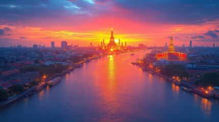 Fototapeta premium A stunning sunset view over the Chao Phraya River with Wat Arun illuminated in the background, capturing the essence of Bangkok riverside heritage and the serene beauty of its iconic temples, Copy