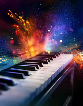 World music day banner with piano keyboard on abstract colorful dust background. Music day event and musical instruments colorful design