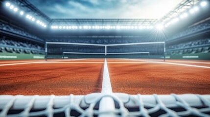 A tennis court viewed from the net, showcasing a vibrant sports arena.