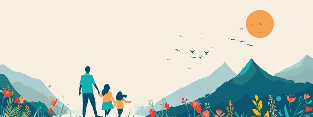 Fototapeta premium A man and a woman hold hands in a flower-filled field Behind them, a bird soars above the mountains