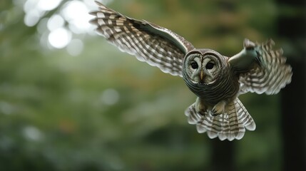 Fototapeta premium Focus Photo of a Barred Owl Flying. Animal Background with Copy Space