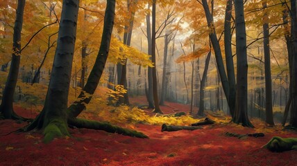 A forest scene with tall trees and yellow leaves