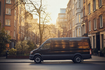 Obraz premium Black delivery van parked on a city street with classic architecture, ideal for urban transportation and courier services.