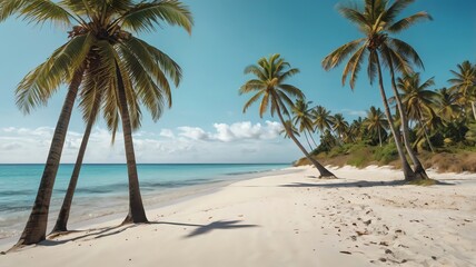 A tropical beach with white sand, clear blue water, and palm trees.