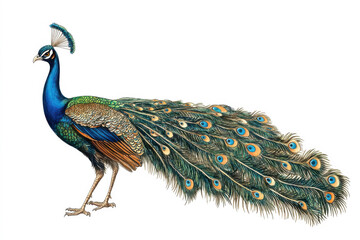 Obraz premium hand-drawn illustration of an exotic peacock displaying feathers, isolated on white background