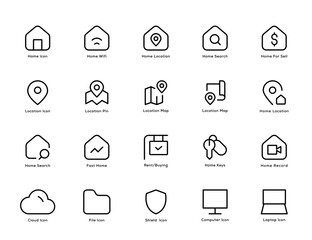 Line Style icon set. Home icon, Wifi, Search, Home sell, Location, location pin, location map,  Rent, Buying, Home Key, Cloud, Computer, Shield, File, Laptop icon for apps and website