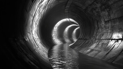Underground water drainage tunnel with a curved path, illustrating the complexity and efficiency of urban infrastructure.