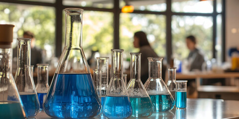 A close-up of beakers filled with blue liquid, set on the table in front of students at an open laboratory door