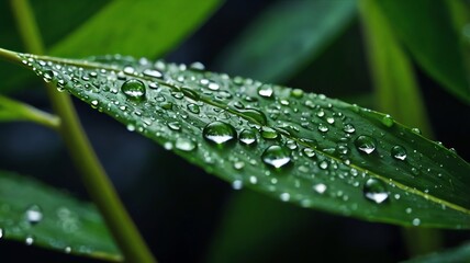Naklejka premium A close-up of a long, green leaf with many water droplets on its surface.