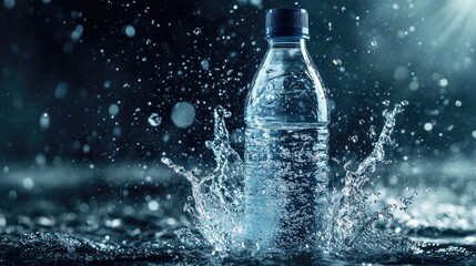 Water splash around a transparent bottle of mineral water, emphasizing freshness and the essence of pure hydration.