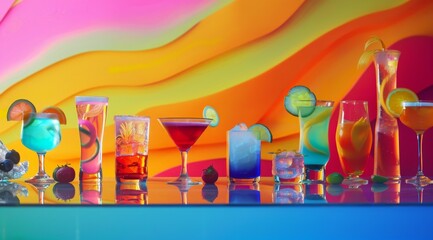 Fototapeta premium Assortment of colorful exotic alcoholic cocktails served in glasses with garnishes