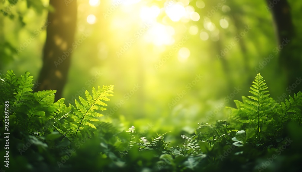 Aufkleber background of lush forest undergrowth with green ferns and soft bokeh