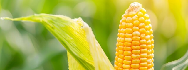  A tight shot of a corn cob against a sun-kissed backdrop, grassy surroundings softly blurred