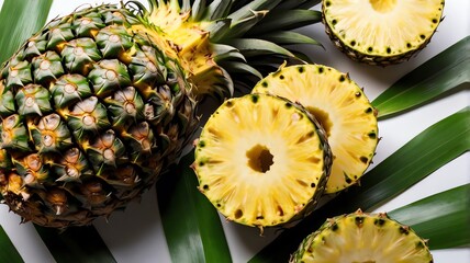 A whole pineapple and three slices of pineapple, with green pineapple leaves in the background.