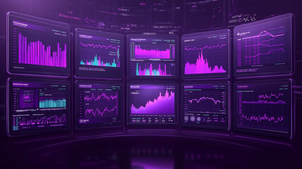 Computer monitor displaying an abstract network monitoring dashboard with real-time data analytics, graphs, and system health indicators.