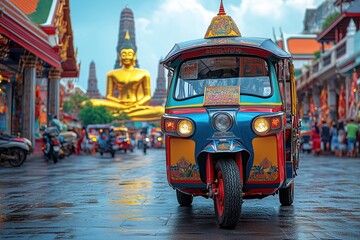 A colorful tuk-tuk parked in front of Wat Pho, with the temple iconic reclining Buddha visible in the background, representing the fusion of traditional Thai culture and modern transportation, Copy