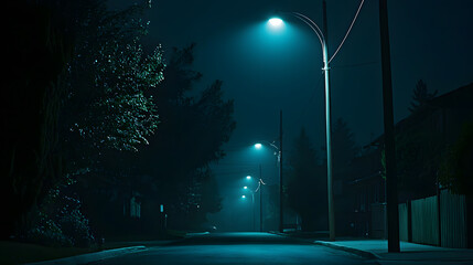 Quiet, dimly lit street with misty streetlights at night.