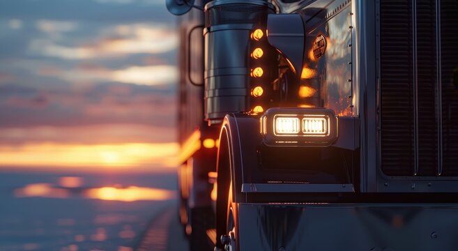 Close-Up of a Semi-Truck at Sunset with Illuminated Headlights