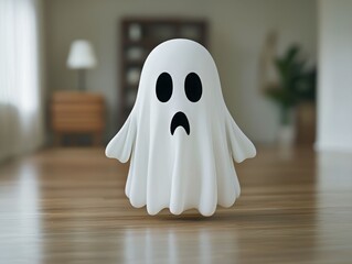 A cute, cartoonish ghost figure stands in a cozy living room, adding a whimsical touch to the home decor.