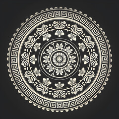Fototapeta premium Vector round floral monochrome classic ornament. Greek meander. Patterns of Greece and ancient Rome. European border in a circle.