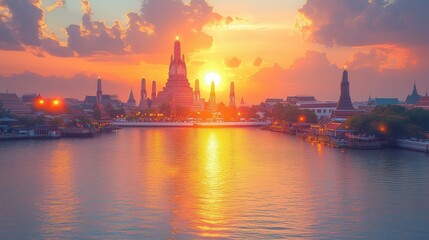 A morning scene at Wat Arun, with the sun rising behind its iconic spires, casting a golden glow over the temple, symbolizing the spiritual beauty and tranquility found in Bangkok sacred sites, Copy