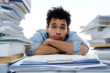 Overwhelmed young man with paperwork stacks
