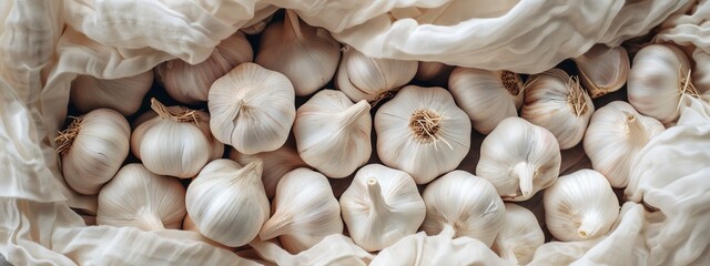  A pile of garlic atop a white cloth, next to another pile on the table