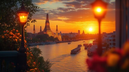 Naklejka premium A morning scene at Wat Arun, with the sun rising behind its iconic spires, casting a golden glow over the temple, symbolizing the spiritual beauty and tranquility found in Bangkok sacred sites, Copy