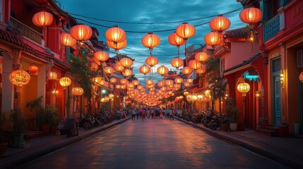 A vibrant scene of Bangkok Chinatown during a festival, with dragon dancers, lanterns, and crowds celebrating, capturing the cultural richness and festive spirit that defines Bangkok diverse