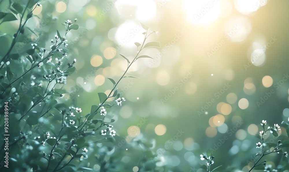 Aufkleber background of a forest glade with sunlight and soft bokeh wildflowers