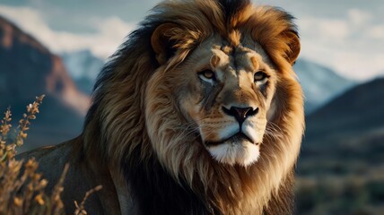 Fototapeta premium A close-up of a majestic lion with a thick mane, sitting in a grassy field with mountains in the background.