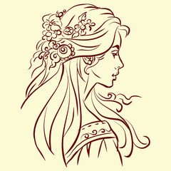 portrait of a girl with long hair vector for card decoration illustration